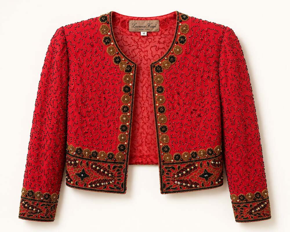 Vintage Laurence Kazar Red Black and Gold Beaded Silk Open Front Jacket